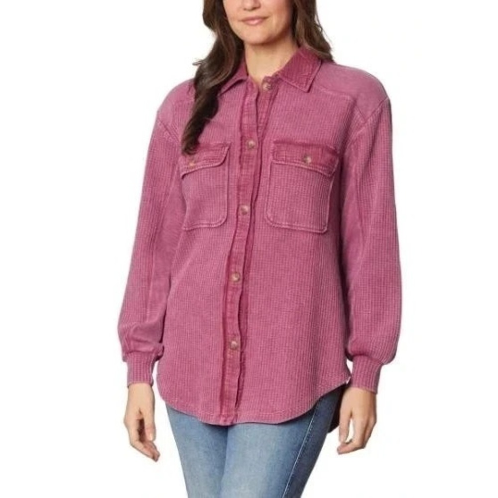 Briggs Women's Waffle Button-Front Long Sleeve Shirt, Dark Pink, Small, New